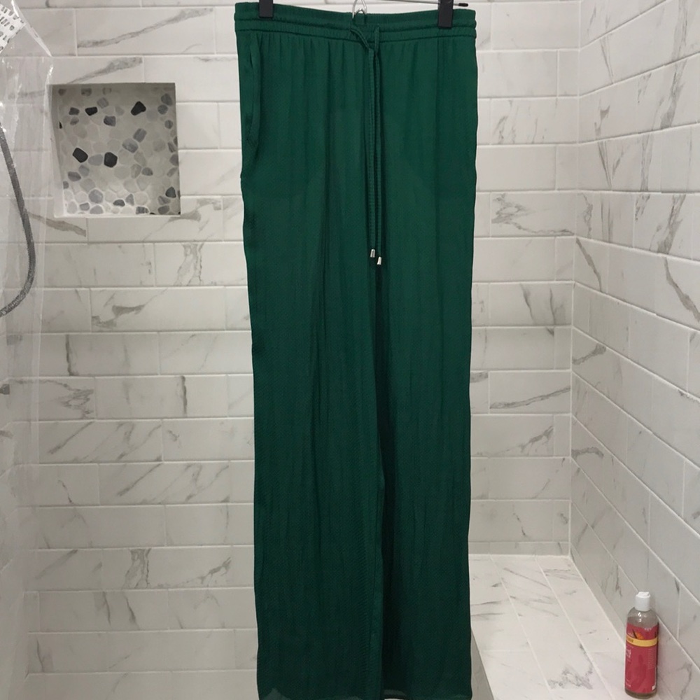 Green silky wide leg pants